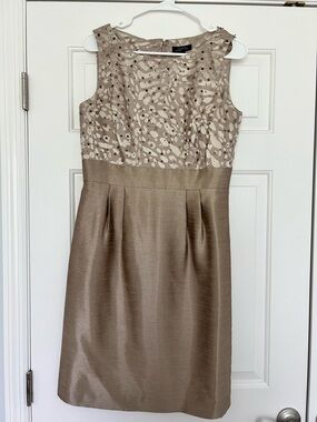 Tahari Sleeveless Metallic Taupe Sheath Dress